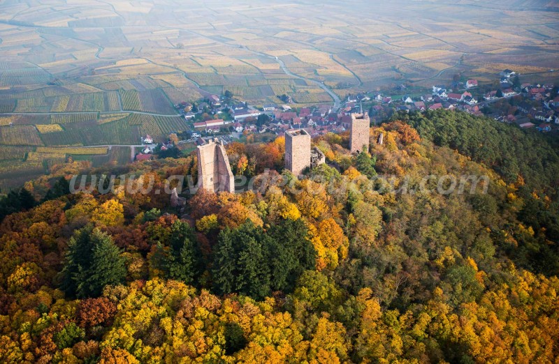 France, Haut Rhin (68), Eguisheim, Route des Vins d'Alsace, les Trois Châteaux (vue aérienne)//France, Haut Rhin, Eguisheim, Alsace Wine Road, Trois Châteaux Castle (aerial view)